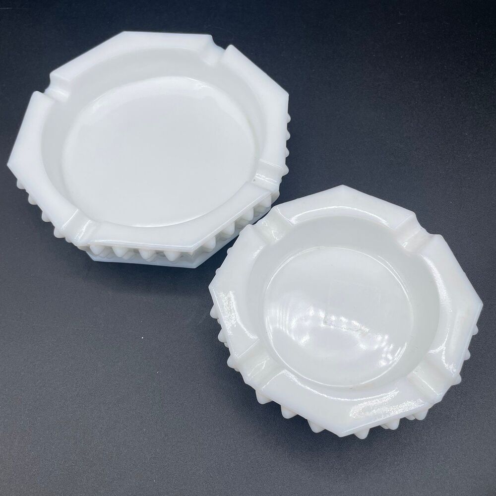 Vintage Set of 2 White Milk Glass Hobnail Octagonal Ashtrays Trinket Dishes